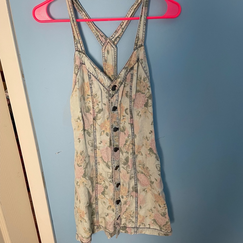 Floral mini dress with a denim look